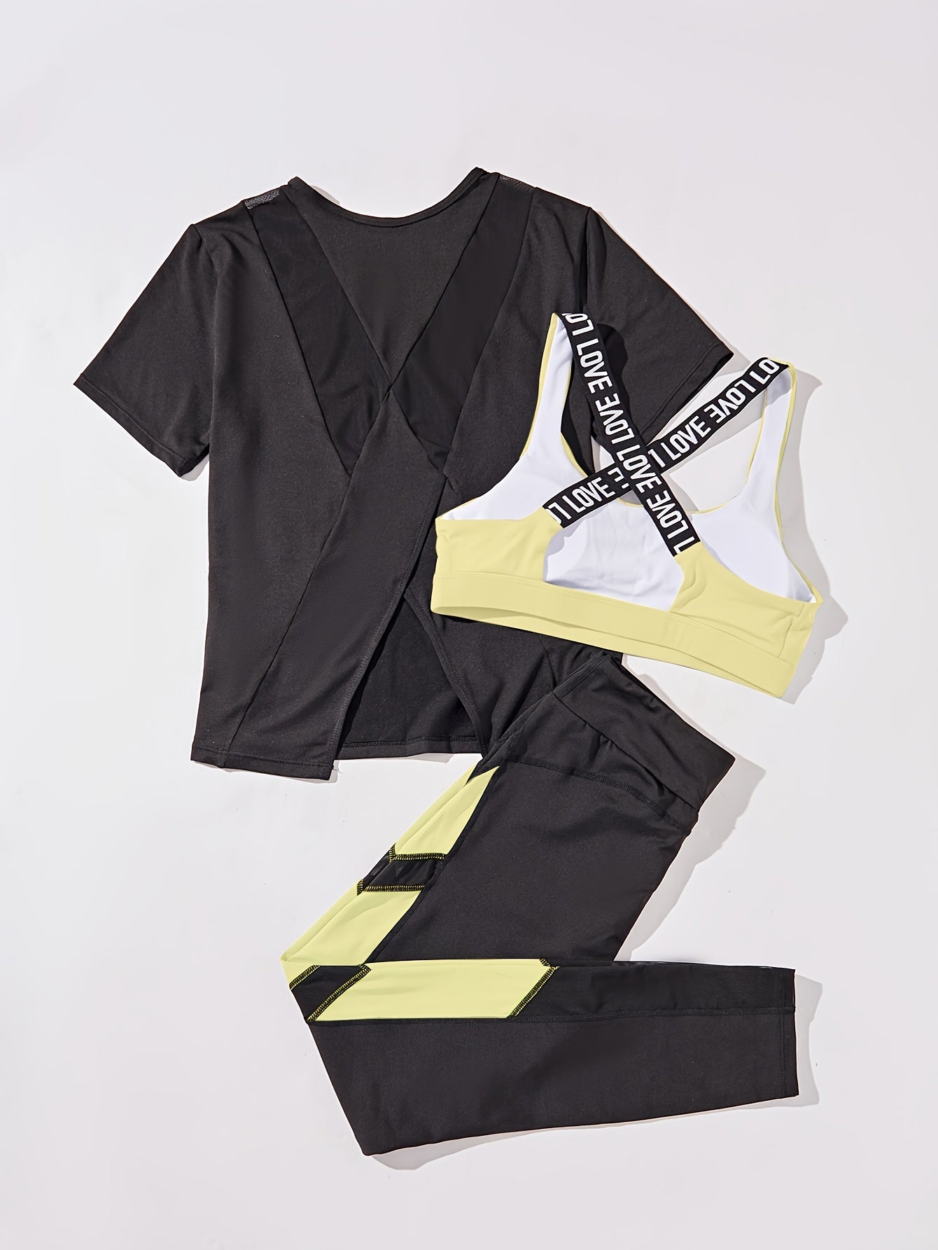 3pcs Women's Yoga Set in Black & Purple - High-Stretch, Sleeveless Sports Bra with Crisscross Straps, Short Sleeve Top & Leggings - Polyester & Elastane Blend, Machine Washable