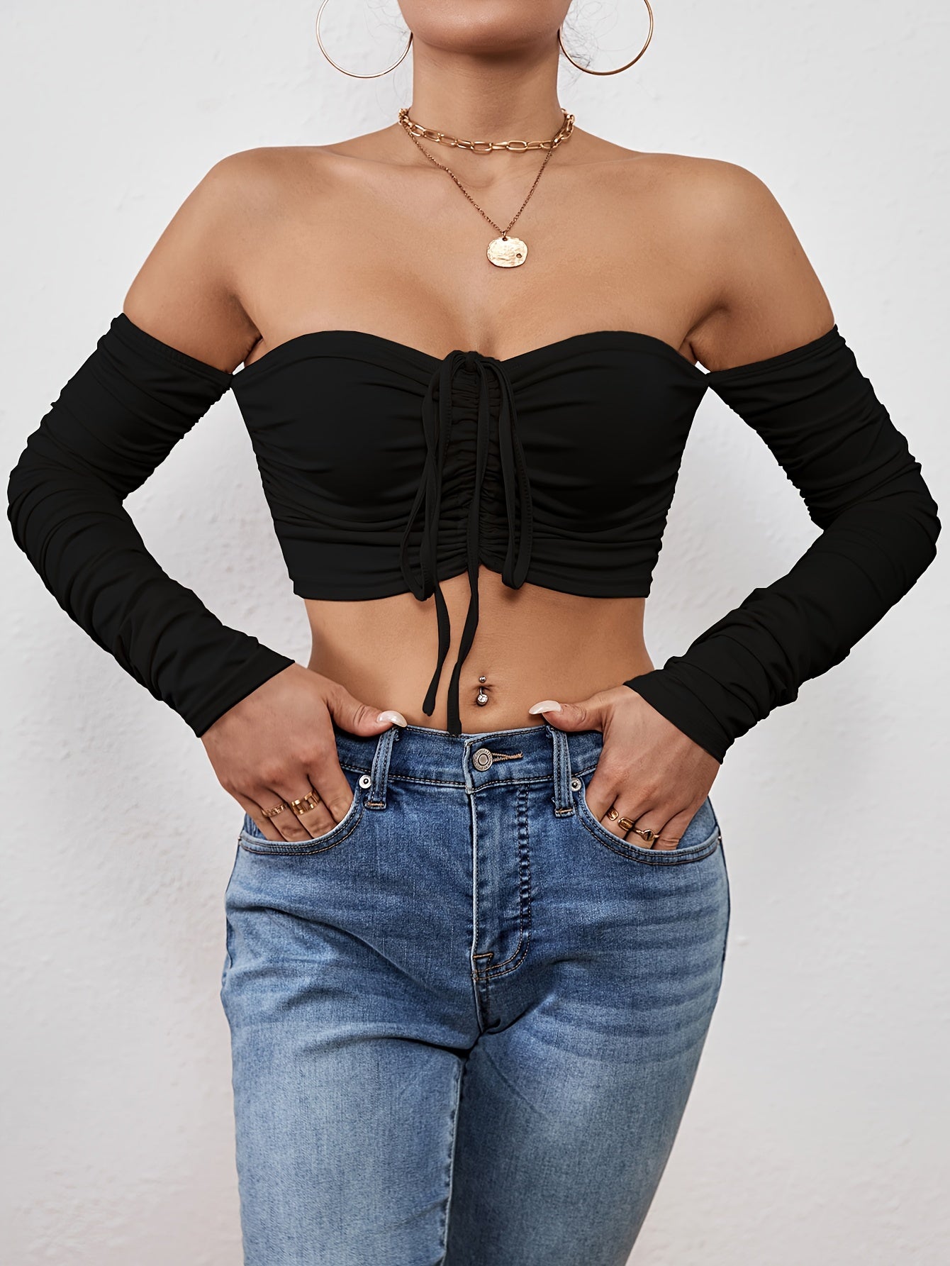 Off Shoulder Ruched T-shirt, Sexy Cropped Drawstring Long Sleeve T-shirt, Women's Clothing