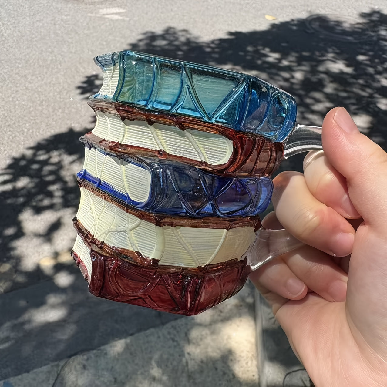 1pc Hand-Painted Book Stack Design Coffee Mug - 7/12oz Stackable Glass Cup with Vibrant Blue, Orange, Red & Yellow Stained Glass Art, Reusable Novelty Gift for Book Lovers, Librarians, Women'S Book Clubs & Literature Enthusia