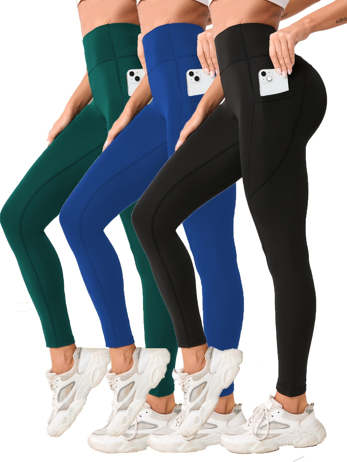 3pcs High-Waist Yoga Leggings with Pockets - Tummy Control, Slimming Effect, Stretchy & Breathable Fabric, Black/Brown/Gray, Perfect for Yoga & Casual Attire