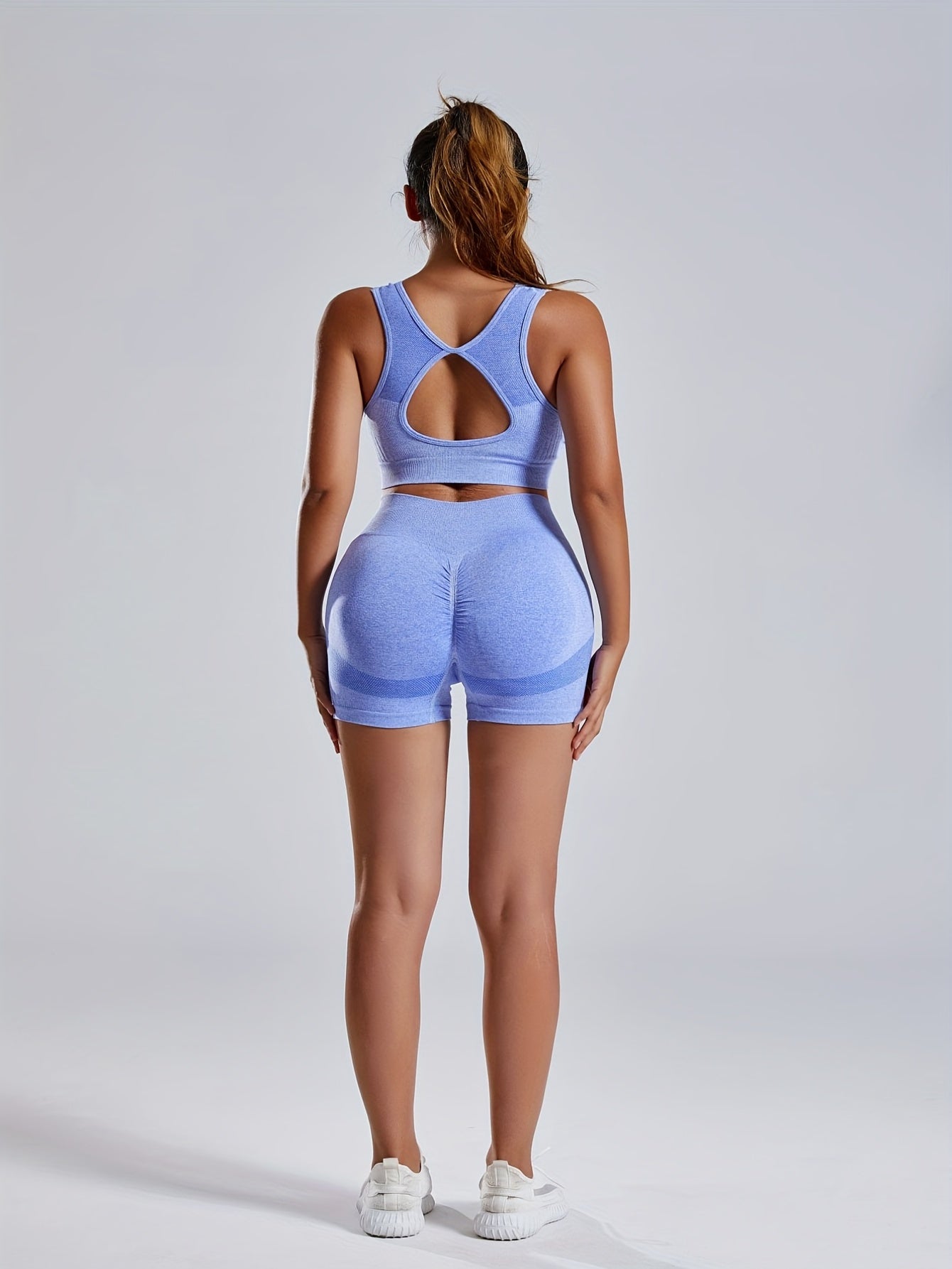 Women'S Seamless Sports Yoga Set, Summer New High Stretch Knit Fabric, Solid Color Polyamide 90% Elastane 10%, Short Length Fitness Gym Wear with Backless Bra and Butt Lifting Yoga Pants