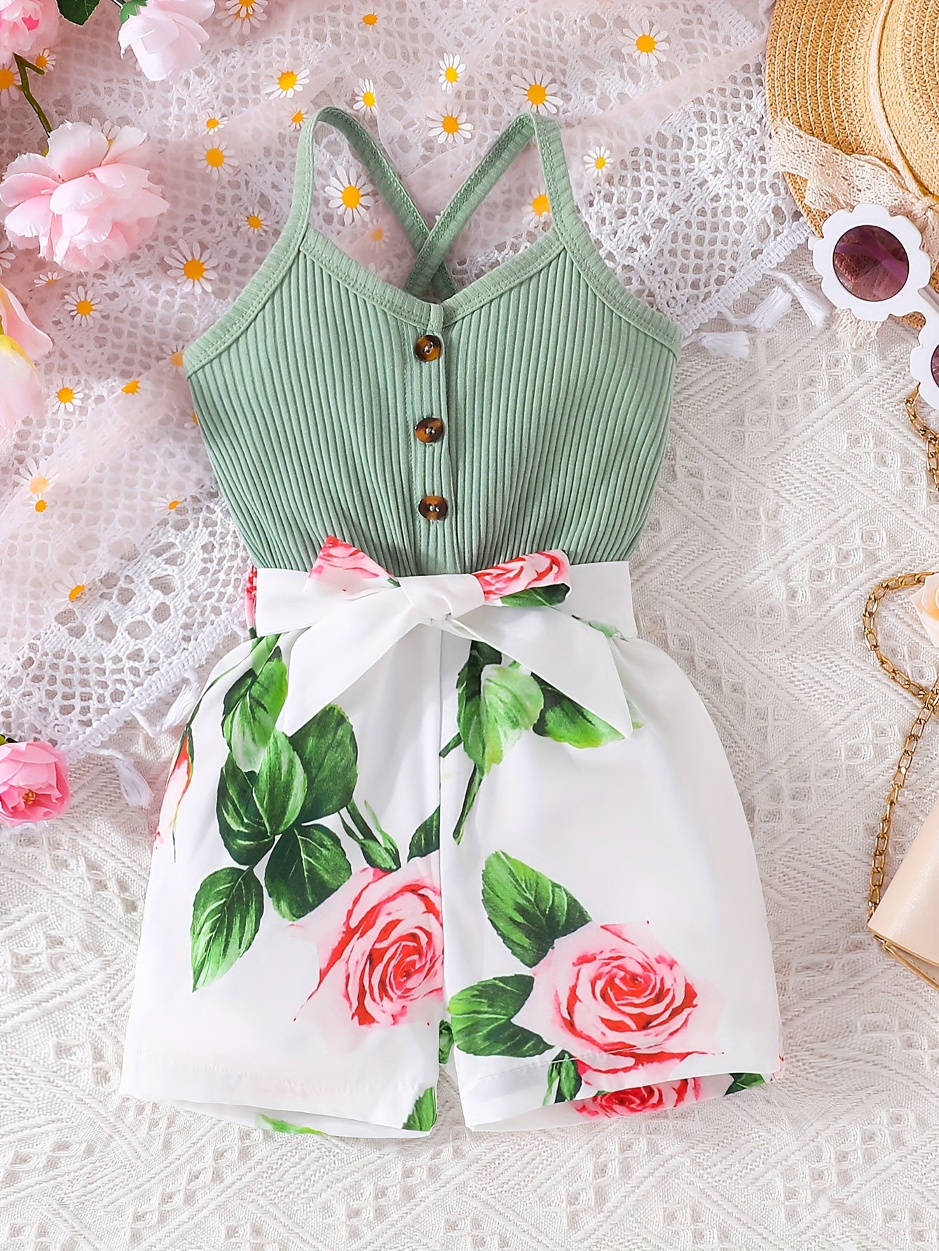 Girls' Summer Casual Floral Print Off-Shoulder Jumpsuit with Adjustable Waist Belt - Lightweight Breathable Shorts for Outdoor Play & Daily Wear, Blue & White Flower Design, Perfect for Weekend Outings, Cute Outfits for Girls