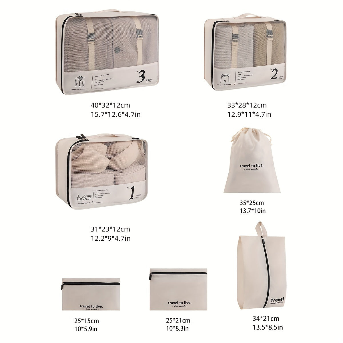 Portable Travel Storage Bag Set of 7pcs Suitcase Clothes Organizer Pouches with Clothing Bags, Underwear Pouches, and Shoe Pouches Suitable for Business Trips by Both Men and Women