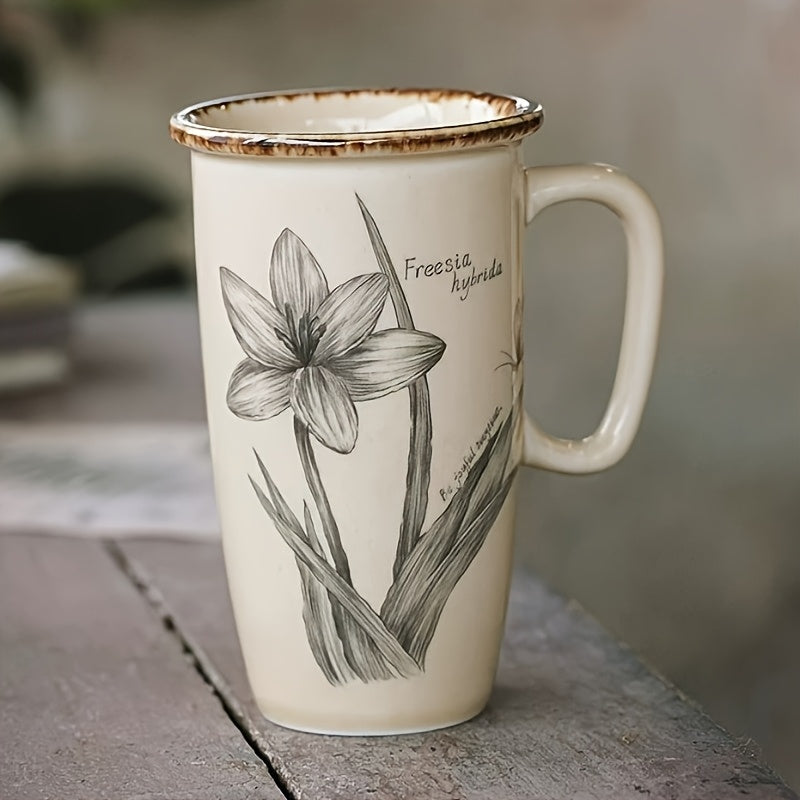 Vintage Ceramic Mug Large Capacity Flower Cup French Home Office Coffee Cup Water Cup Latte and Herbal Tea Cup, Best for Christmas, Perfect for Thanksgiving