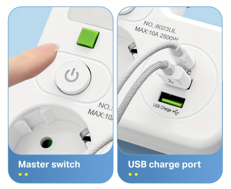 European Plug USB Adapter with 2 USB Ports, 1 C-Shaped Independent Switch, No-Blocking Compact Design, 10A 2500W, Suitable for Home Office Kitchen, Modern Plug Design, Durable Power Outlet