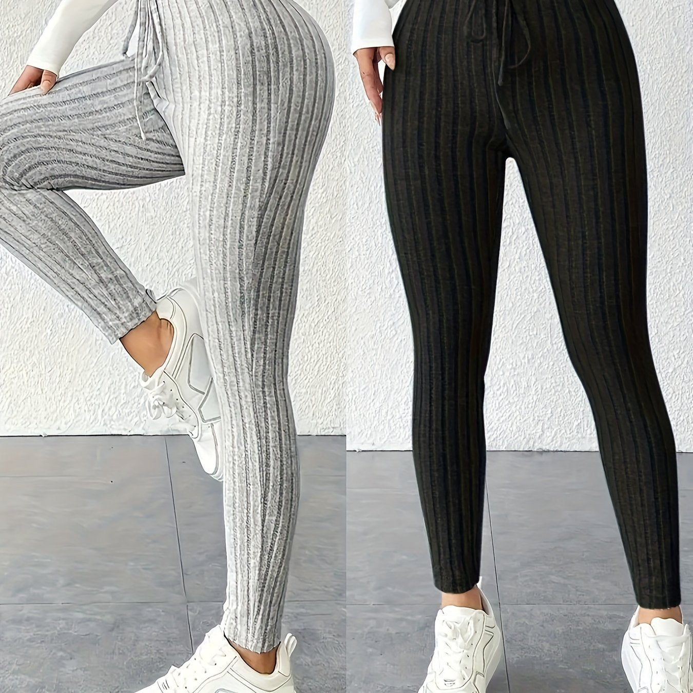 Two-Pack High-Waisted Pants, High Elasticity Solid Color Long Pants for Women, Tummy Control and Body Shaping, Suitable for Daily Wear, Comfortable Women'S Outerwear Leggings, Multi-Pack, Women' Ribbed Two Piece Casual Wide L