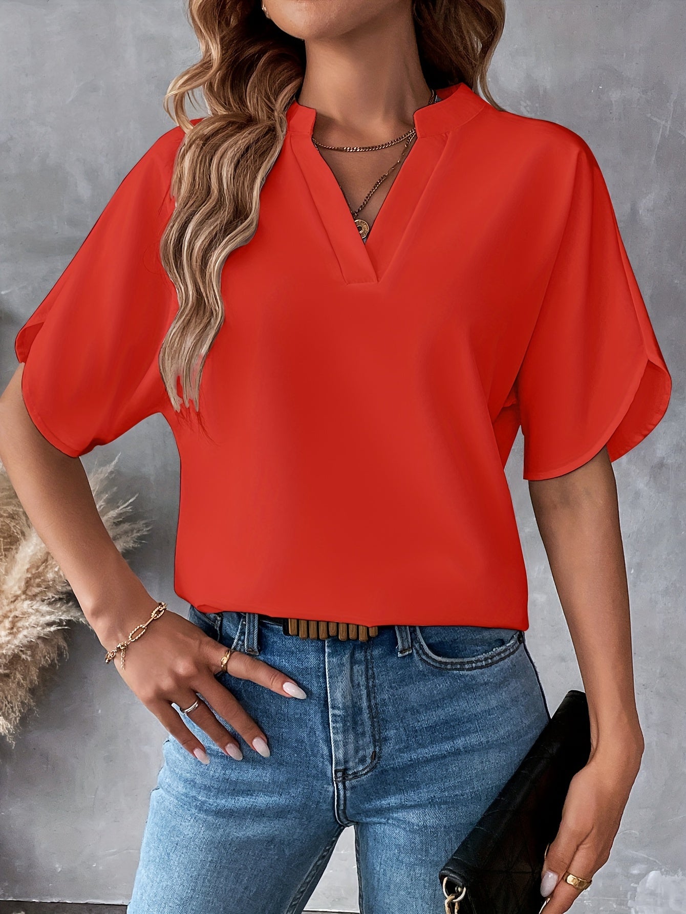 Solid Color Notch Neck Blouse, Casual Short Split Sleeve Blouse For Spring & Summer, Women's Clothing
