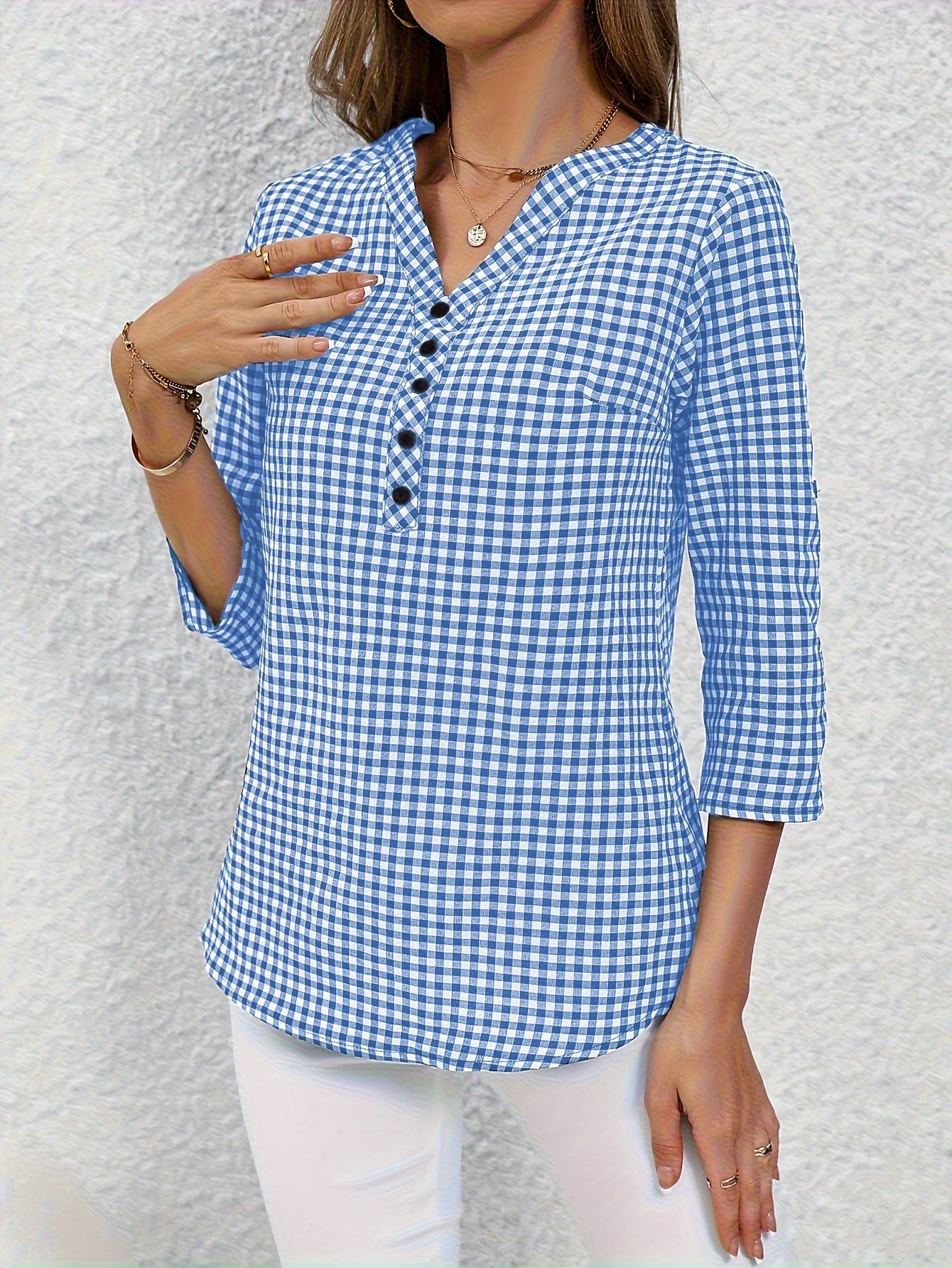 Plaid Print Button Notched Neck Blouse, Casual Rolled Sleeve Blouse For Spring, Women's Clothing