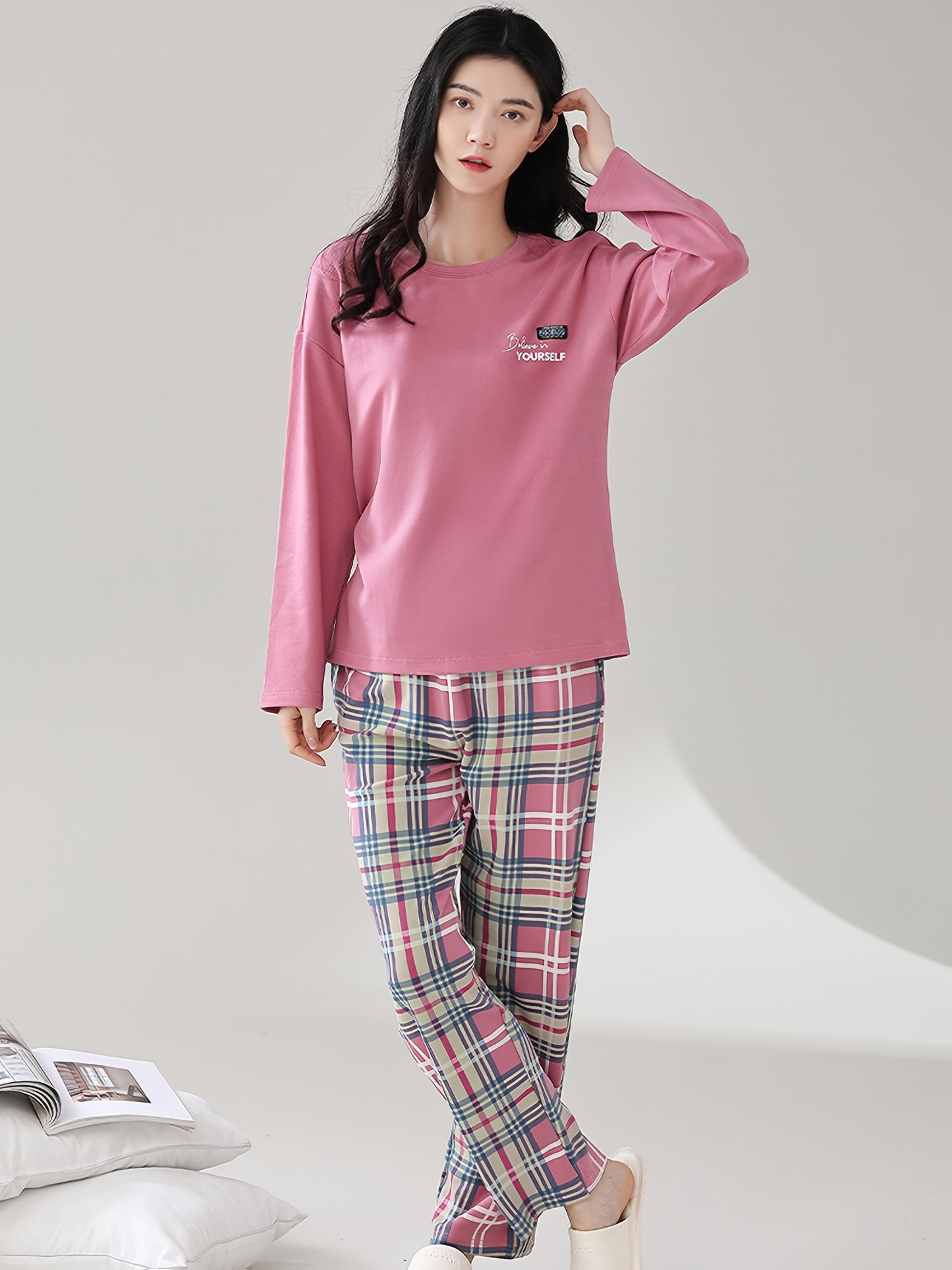 Women'S Cozy Pink Plaid Pajama Set - Long Sleeve Crew Neck Top & Wide-Leg Pants, Casual Fall/Winter Sleepwear, Soft & Comfortable, Perfect for Home or Relaxation, Relaxed Fit Pajamas | Plaid Pattern Pants | Soft Fabric Pants,