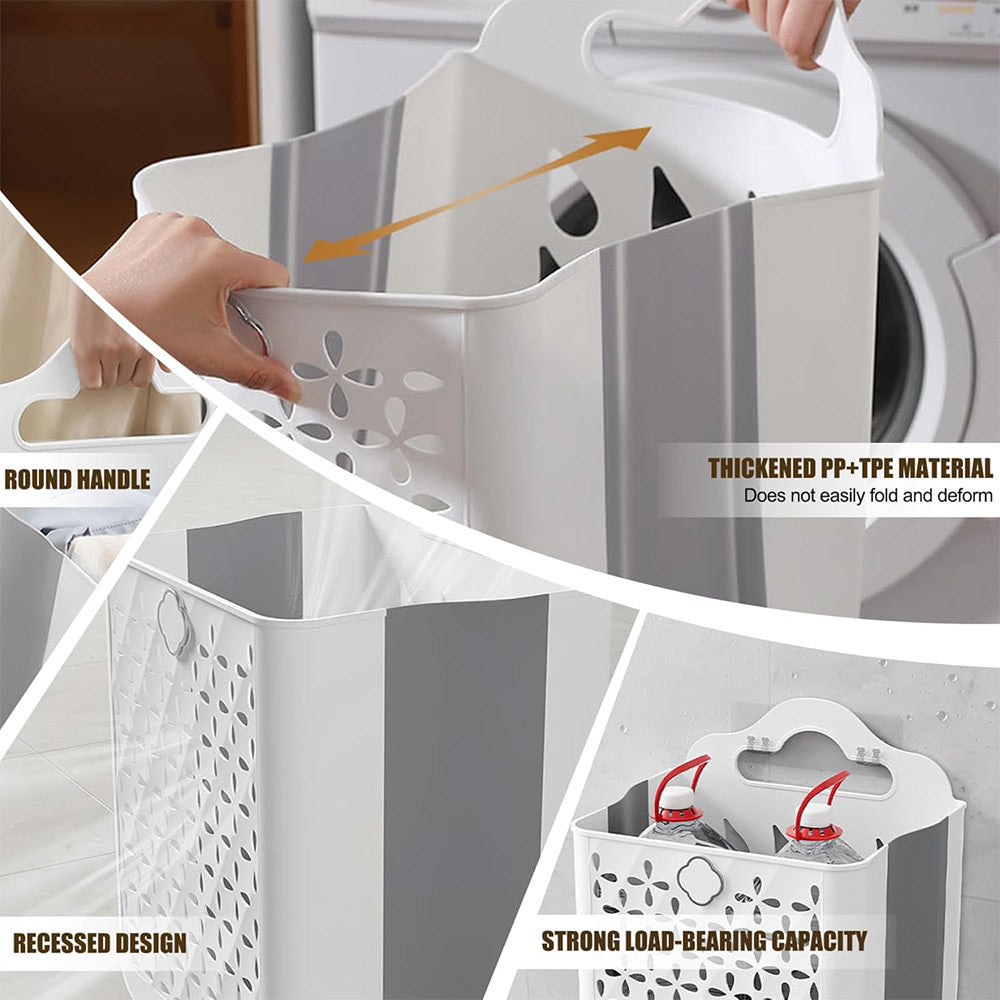 ZREE Large Wall Mounted Laundry Basket (60L, 27x19x39cm) - Foldable Design, Machine Washable, Space saving Bathroom/ Bedroom Dirty Clothes Collector (White/ Grey), Laundry Baskets, Space Saving Laundry Solution, Wall Mounted