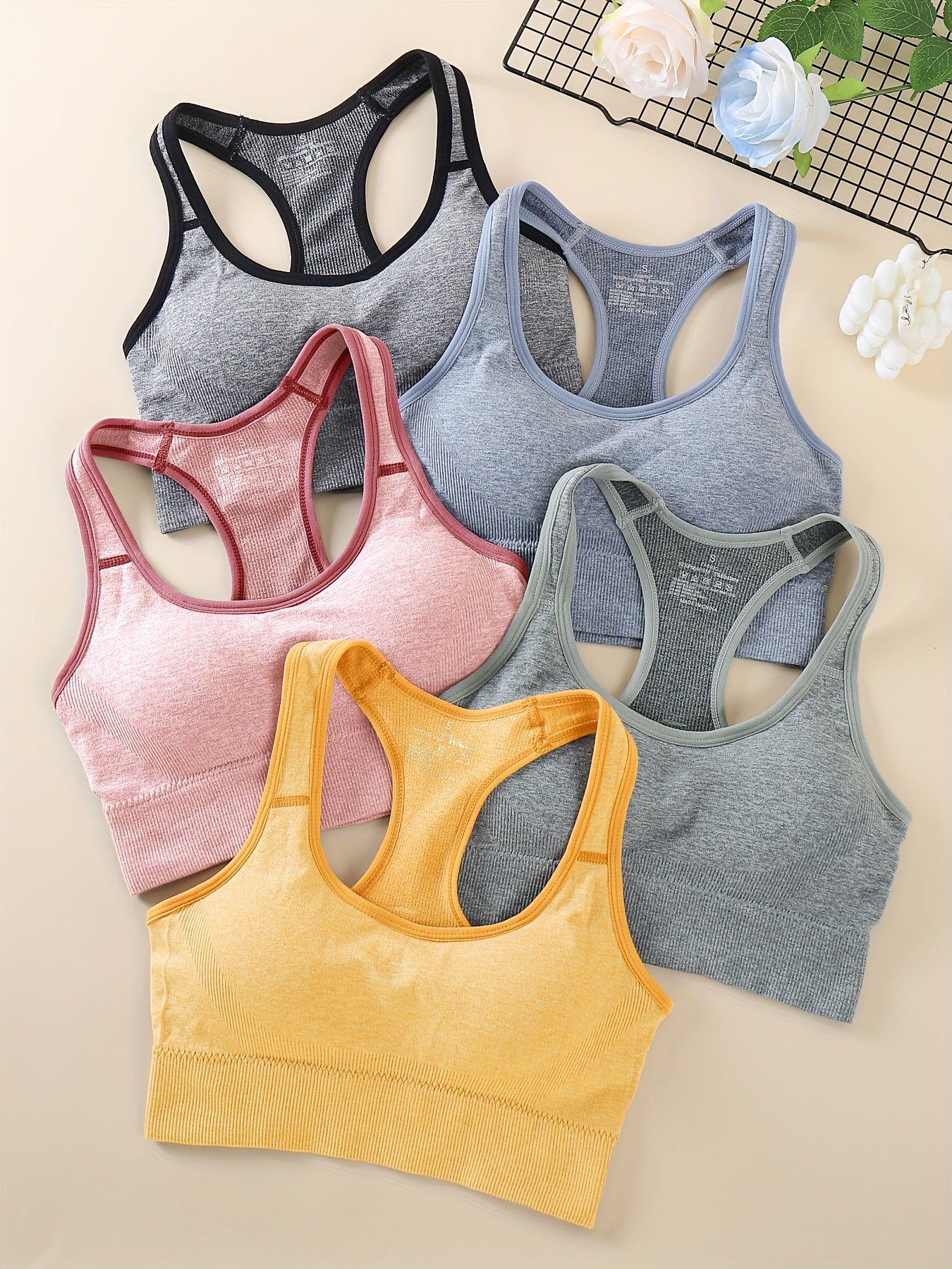 5pcs Women's High-Support Sports Bras - Removable Padding & Back Panel, Full-Coverage Tummy Control, Breathable Yoga Gym Bras with Multi-Color Options (Black/Dark Grey/Navy/Beige/Pink) - Moderate Lift for Heavy Breasts, Hand