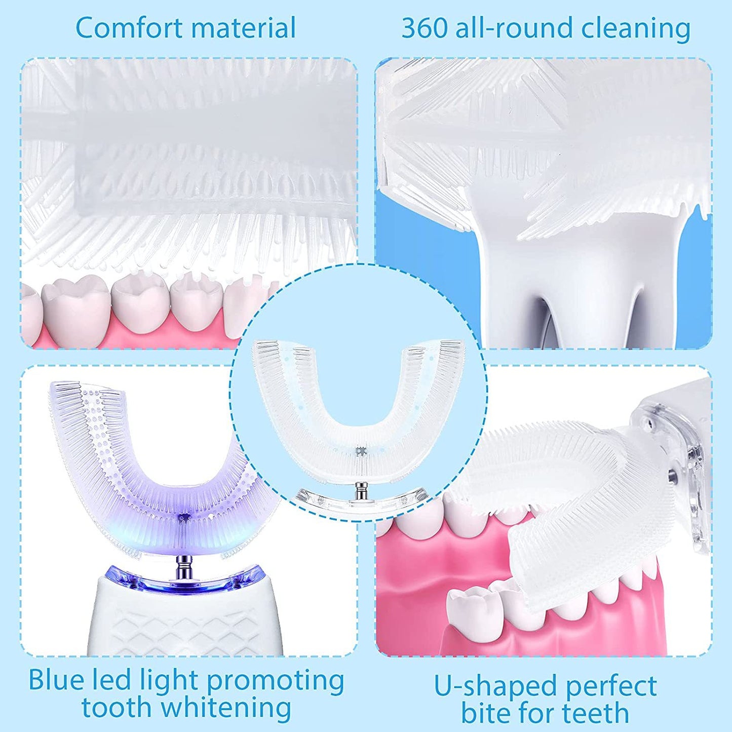Electric Soundwave technology U-Shaped Toothbrush with LED Light - 360° Mouth Cleansing, 3 Whitening Modes, Rechargeable & Washable for Travel and Home Use, EAFC