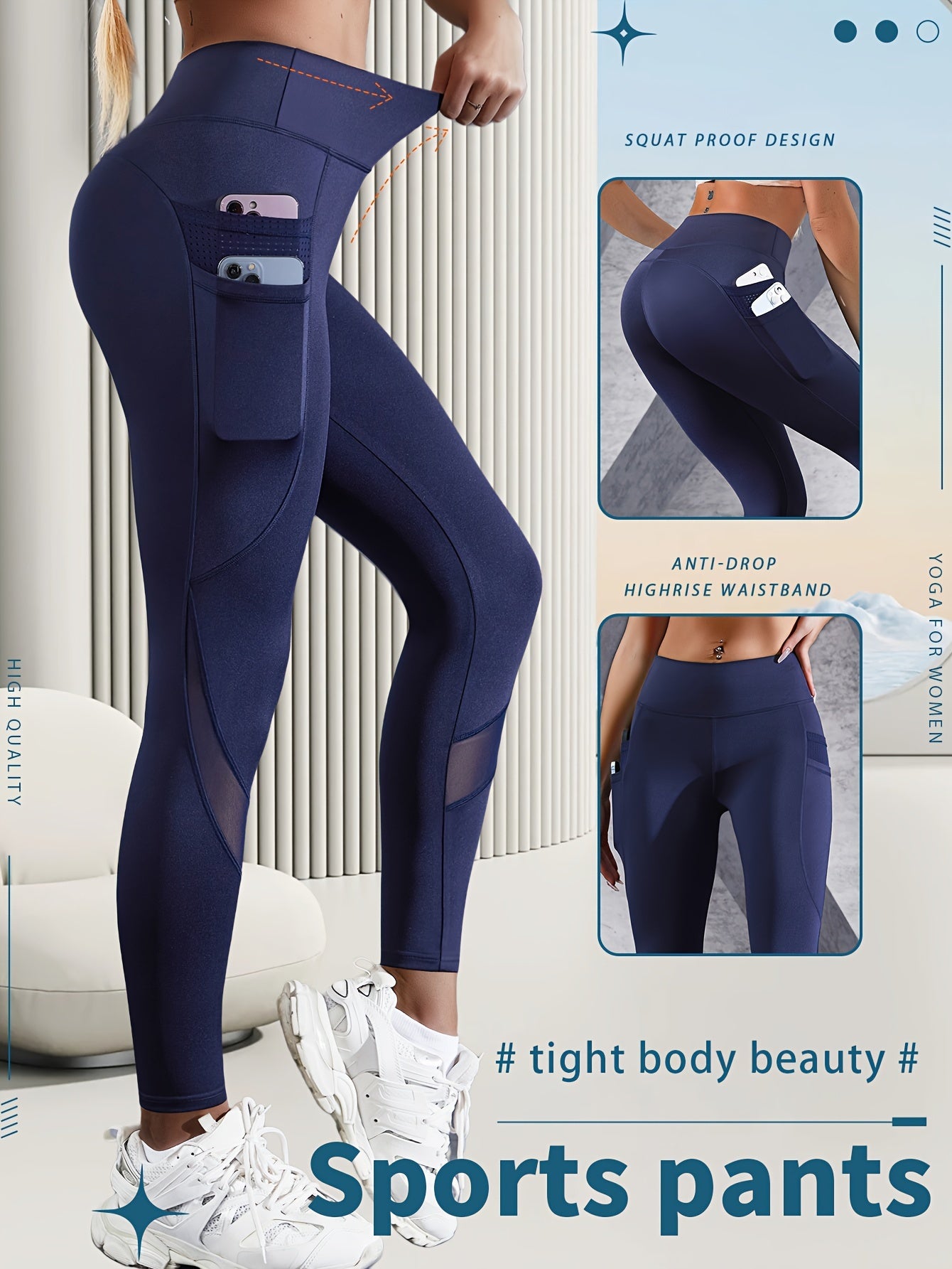 Boost Your Workout with Women's Tummy Control Sports Yoga Leggings - Phone Pocket, Mesh Contrast & Breathable Tight-Fitting Pants!