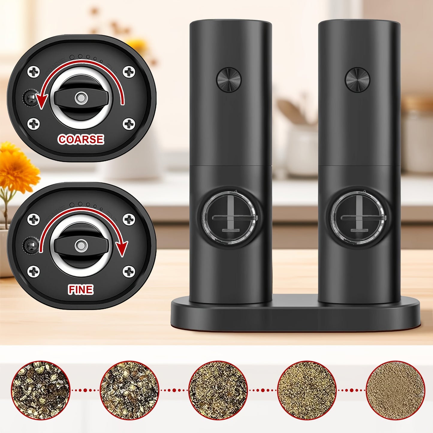 Single or Double Pack Options, Includes Base for Two-Pack - Electric Salt and Pepper Grinder with One Hand Operation, Battery Powered, Adjustable Coarseness, LED Light & Stand, Suitable for Kitchens, Food Seasoning Device, Di