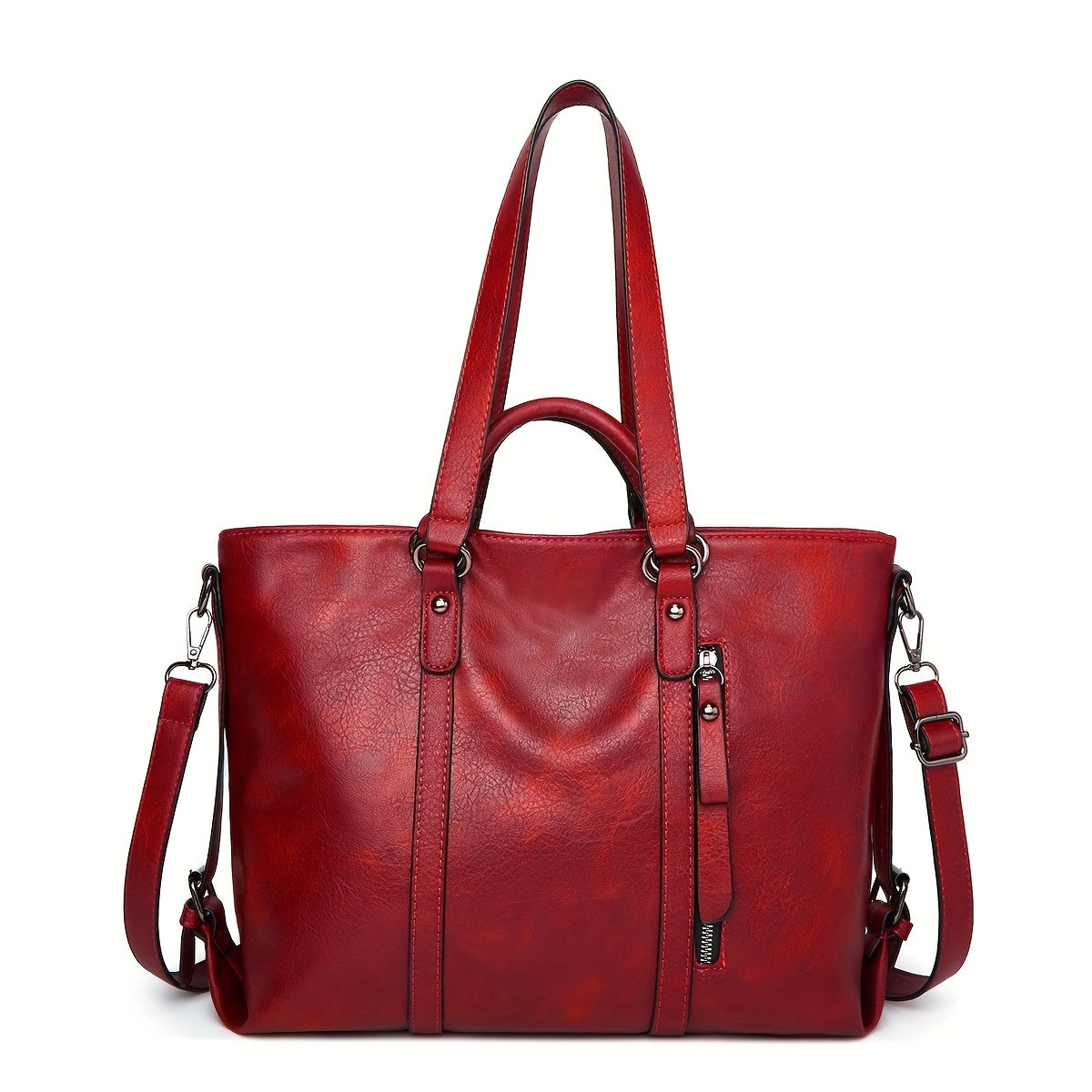 Women's Thickened Soft Synthetic Leather Tote & Crossbody Purse - Large Capacity Multi-Pocket Organizer with Removable Shoulder Strap, Zipper Closure, Oil-Edged Trim - Work, Travel, Casual Bag in Brown, Navy, Red, Black - Chr