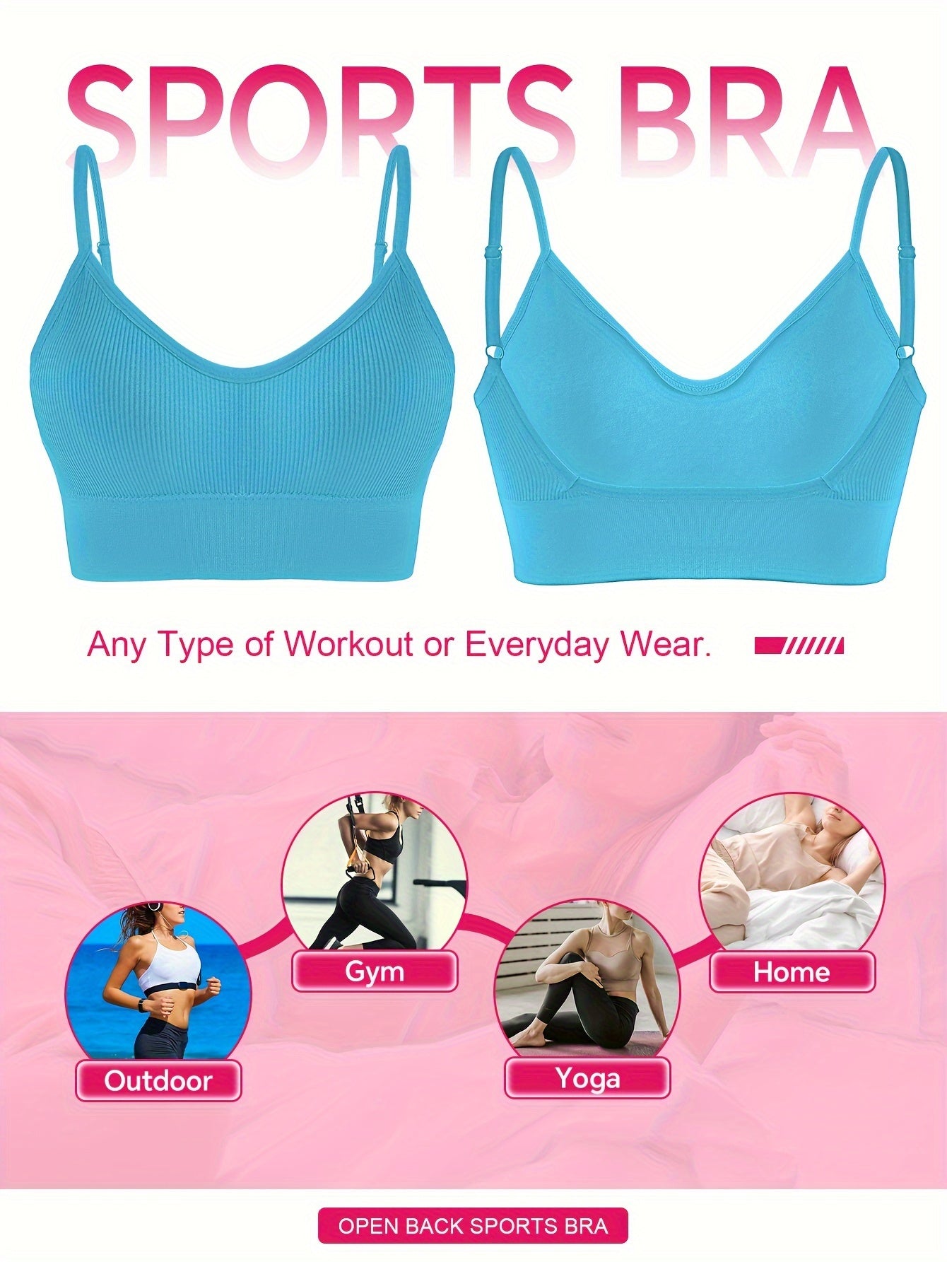 Solid Ribbed Sports Bra, Comfy & Breathable Workout Fitness Intimates Bra, Women's Lingerie & Underwear