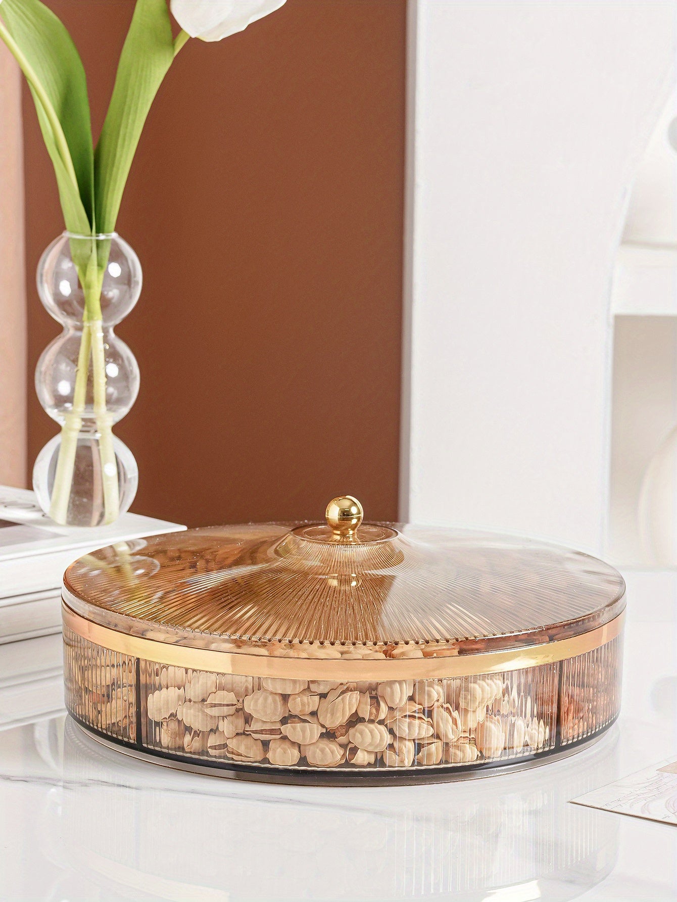1pc, Candy Servers With Lid, 10.92in/28cm Clear Amber Gray Candy Snack Organizer, Candy Jar With Lids, Wedding Birthday Graduation Holiday Party Supplies, Home Decor