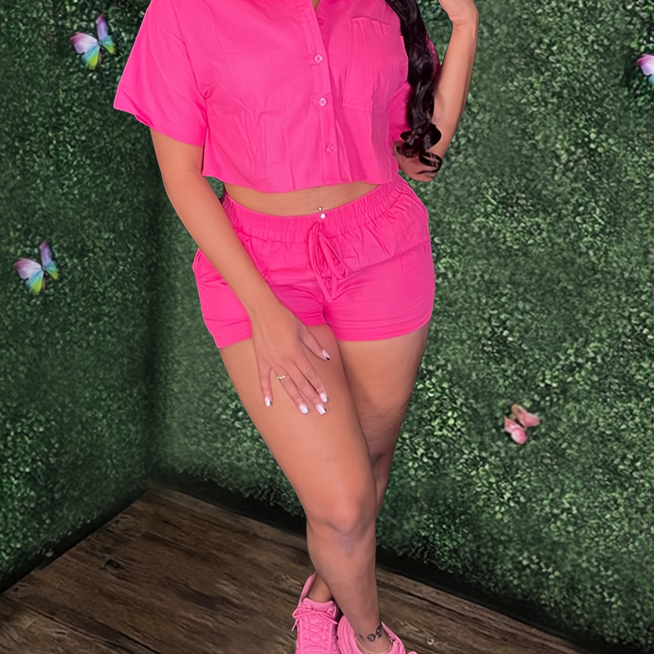 Solid Casual Two-piece Set, Short Sleeve Button Crop Top & Drawstring Waist Shorts Outfits, Women's Clothing