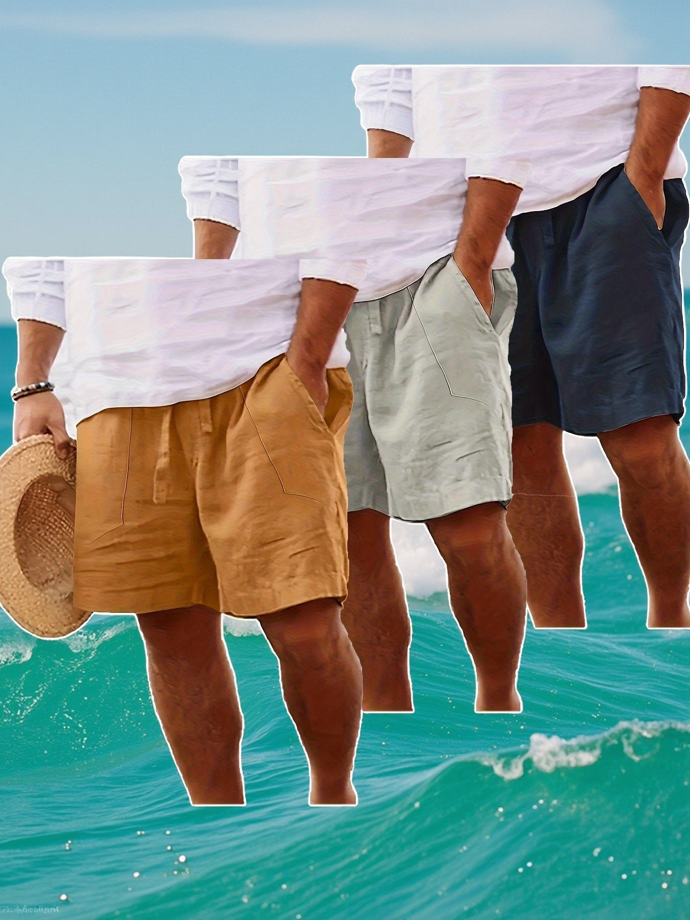 Men's Summer Shorts, Drawstring Elastic Waist, Straight Leg Solid Color Breathable Casual Beach Capri Pants - Three-Pack