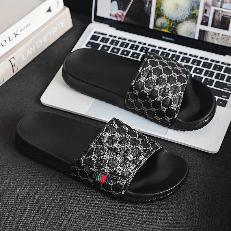 Men's Luxury Slip-On Slippers - Thick Cushioned EVA Sole & Soft PU Upper with Striped Pattern, All-Season Indoor/Outdoor House Shoes for Men, Comfortable Casual & Party Footwear (Black/White, Beige/Brown) - Unisex-Friendly De