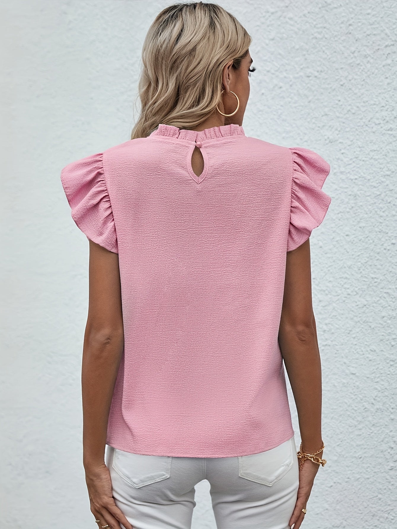 Ruffle Trim Crew Neck Blouse, Casual Solid Color Flutter Sleeve Blouse For Spring & Summer, Women's Clothing Wedding holiday vacation