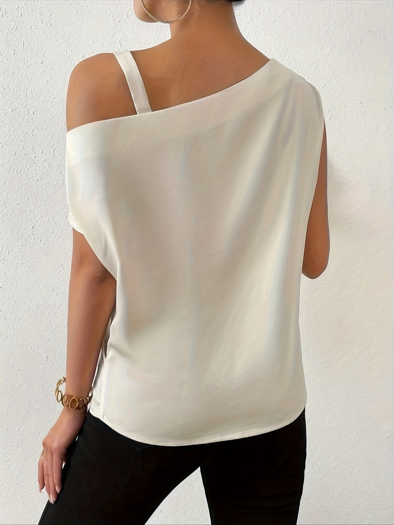 Chain Strap Asymmetric Blouse, Casual Solid Color Blouse For Spring & Summer, Women's Clothing