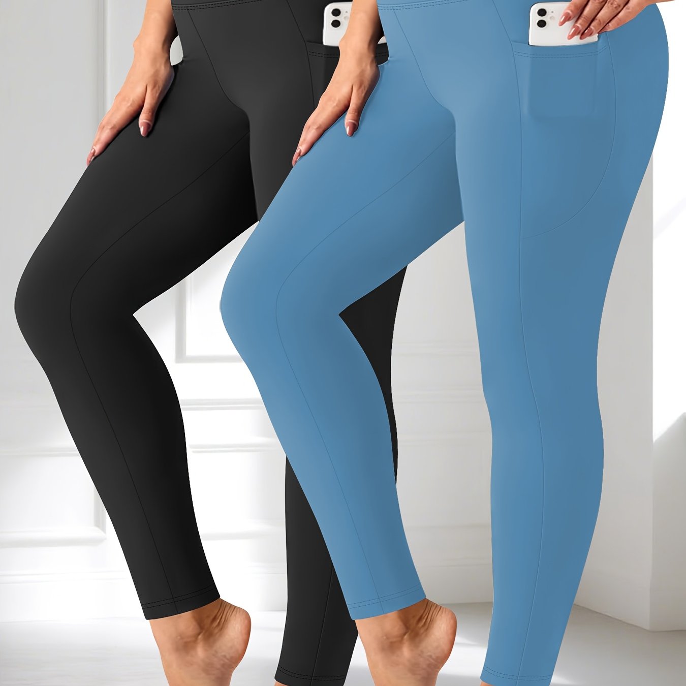 Plus Size - Two-piece set - Plus Size Crescent Pocket 9-Inch Pants (Discounted Promotional Model) - Belly Tight-Fitting Leggings with Pockets High-Waisted Pants for Women and Fitness