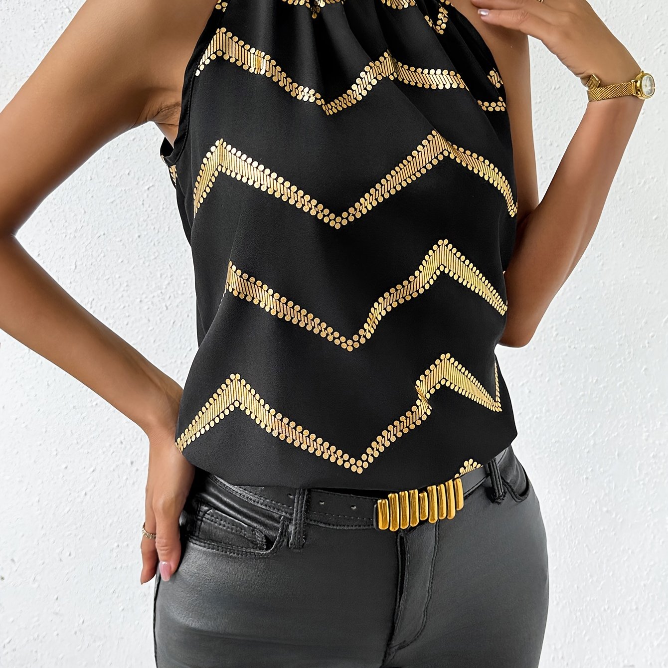Graphic Print Tie Neck Blouse, Elegant Sleeveless Blouse For Spring & Summer, Women's Clothing