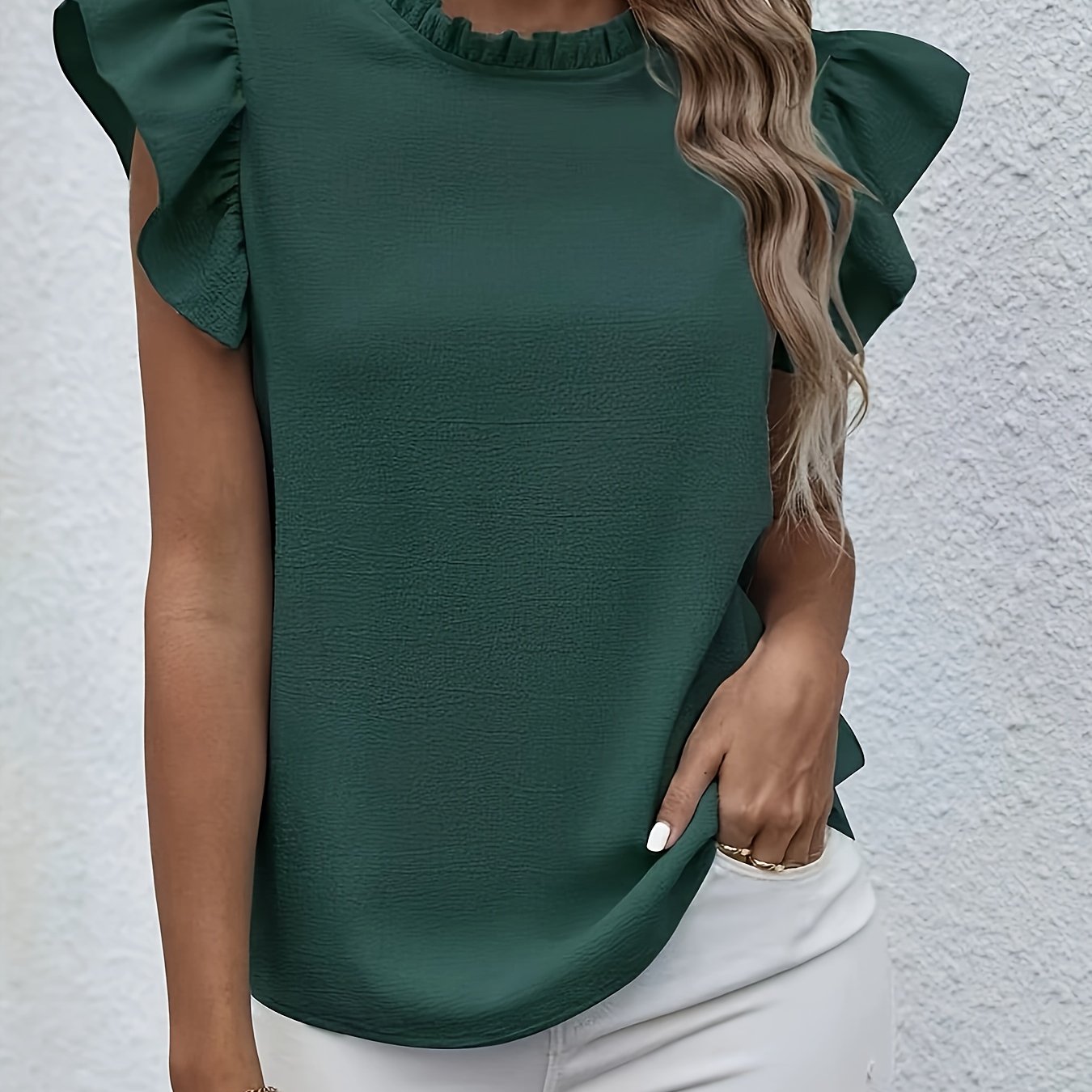Ruffle Trim Crew Neck Blouse, Casual Solid Color Flutter Sleeve Blouse For Spring & Summer, Women's Clothing Wedding holiday vacation