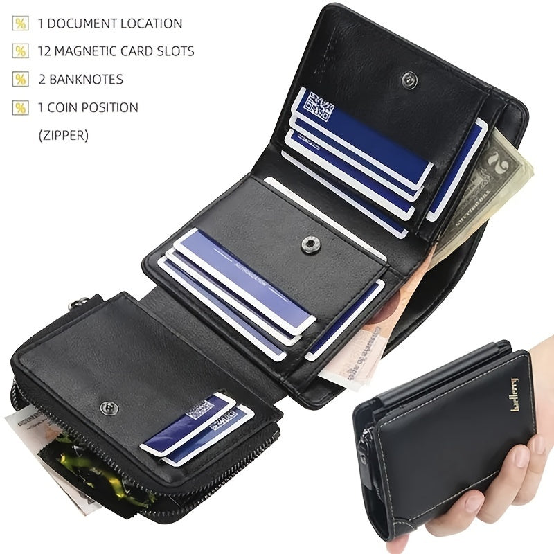 1pc Men's Short Multi-Card Slots Three-fold Zipper Coin Pocket Wallet Fashion Thin Card Bag Give Gifts To Men On Valentine's Day