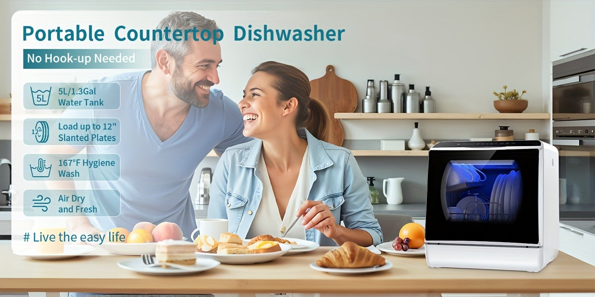 Independent Countertop Dishwasher, 5+1 Wash Programs, Built-in 5L Water Tank, Two Water Supply Modes, With Hot Air Drying And Automatic Ventilation Functions, Suitable For Homes, Apartments, And RVs.