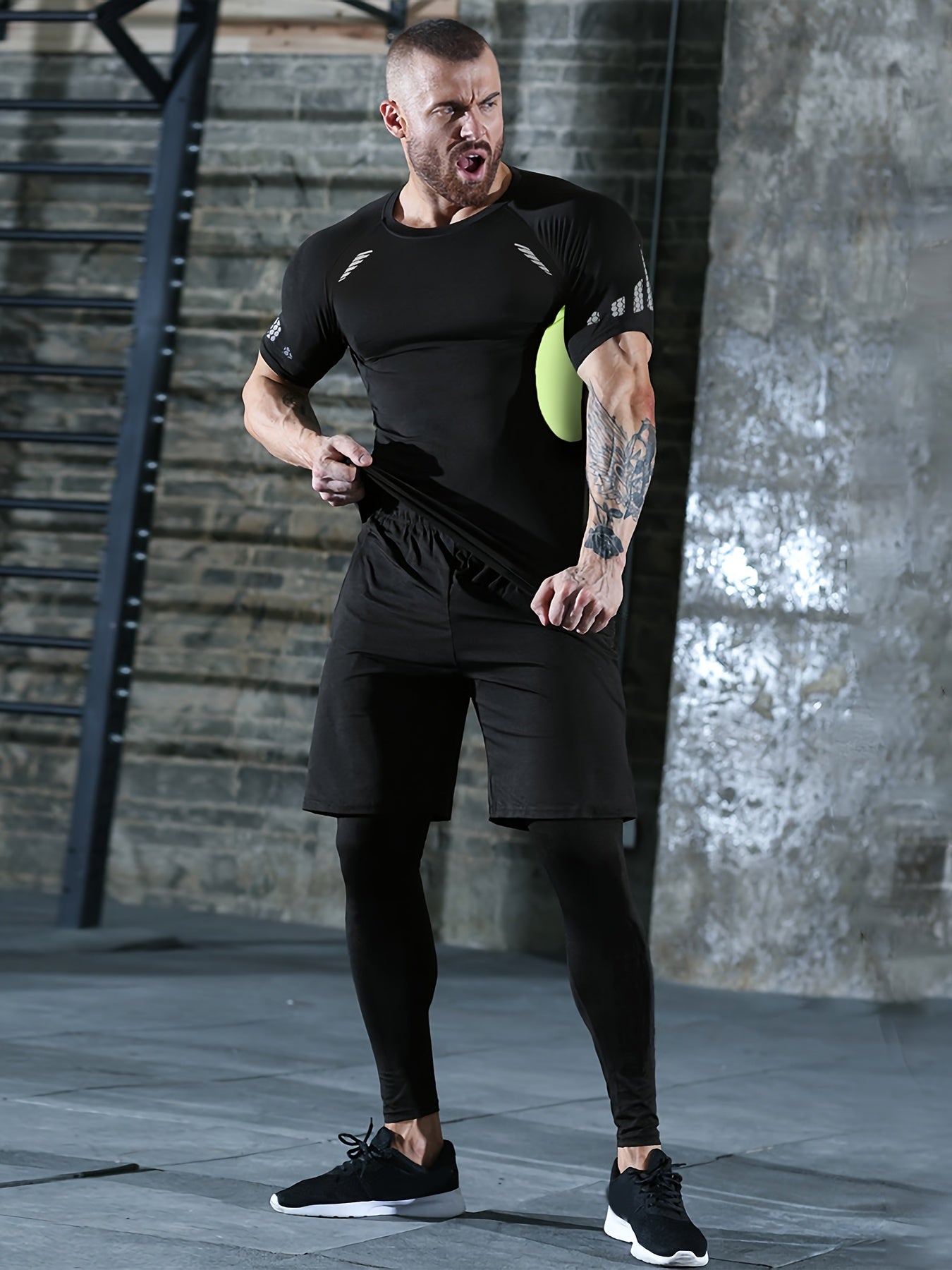 Xinso Prince 5pcs Men's Zip Up Hooded Jacket & Compression T-shirt & Long Sleeve Workout Top & Shorts & Leggings For Fitness