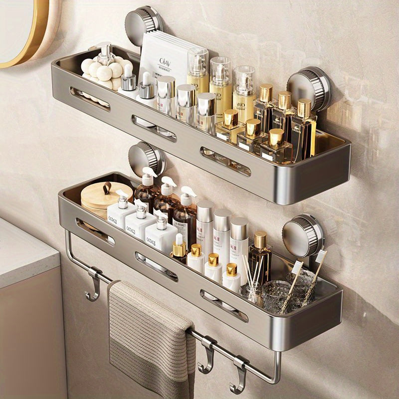 Simple to Install Suction Cup Shower Organizer - Heavy-Duty Rust-Resistant Plastic Wall-Mounted Floating Shelf with Sturdy Adhesive, Space-Saving Bathroom Storage for Shampoo, Soap & Toiletries, No Metal Pipes, Easy Assembly,