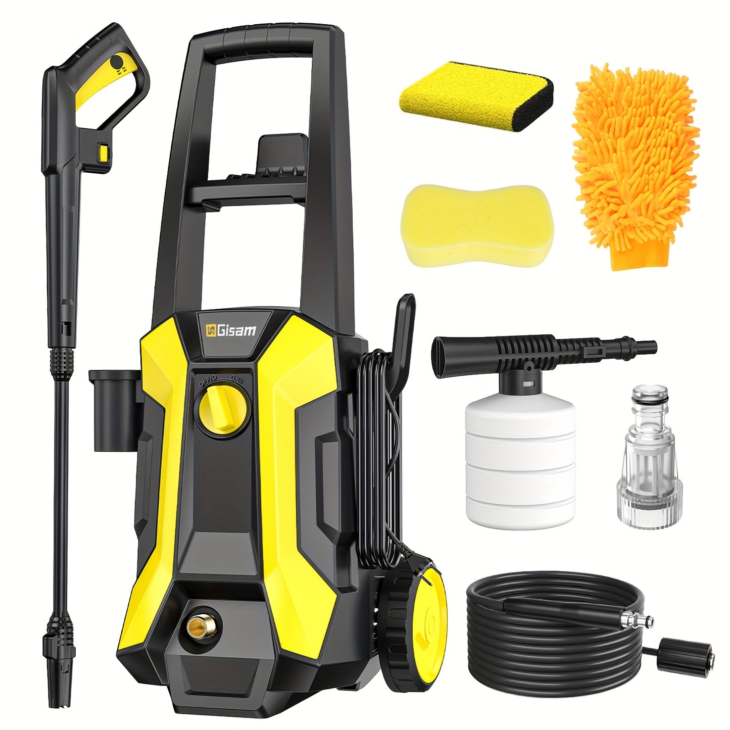 Gisam High-Pressure Washer 2200W 180Bar 480L/H with 8m Hose, Soap Bottle, Foam Nozzle & Lance Gun IPX5 Suitable for Cars/Fences/Gardens/Patios Yellow