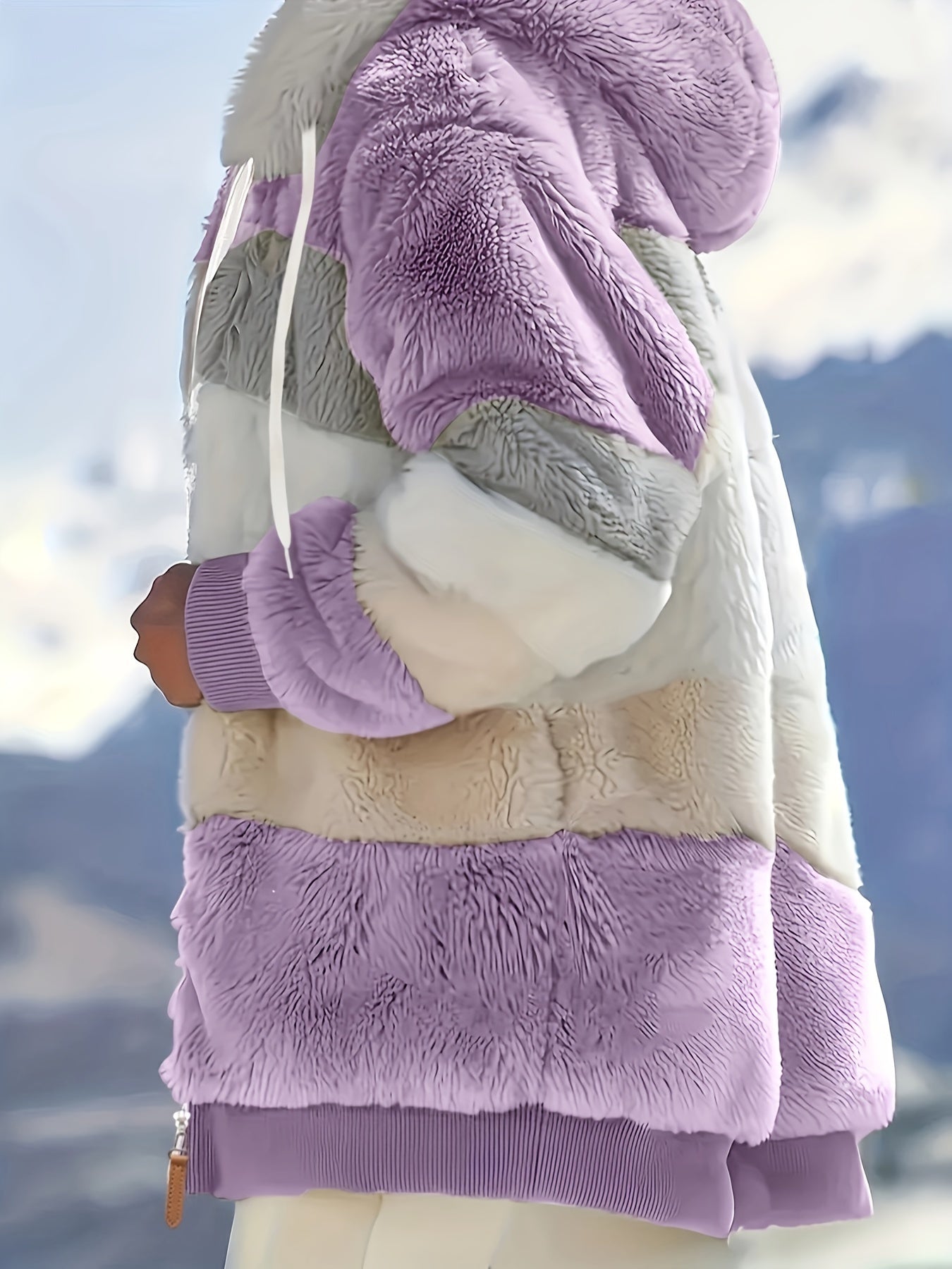 Women's Plush Faux Fur Hooded Jacket - Loose Fit Color Block Coat with Blue/Beige/White/Black Design, Long Sleeve Winter Warmth, Machine Washable for Casual & Formal Outfits, Ladies Winter Coats, Autumn Layering Piece, Formal