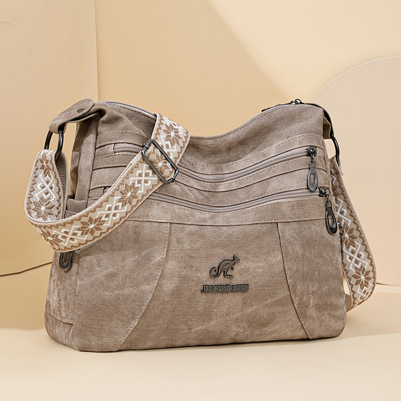 Women'S Retro Bohemian Crossbody Bag with Adjustable Strap - Solid Color Olive Green Tote Handbag, Large Capacity for Everyday Use, Golden-Tone Hardware & Zipper Closure, Purse Crossbody