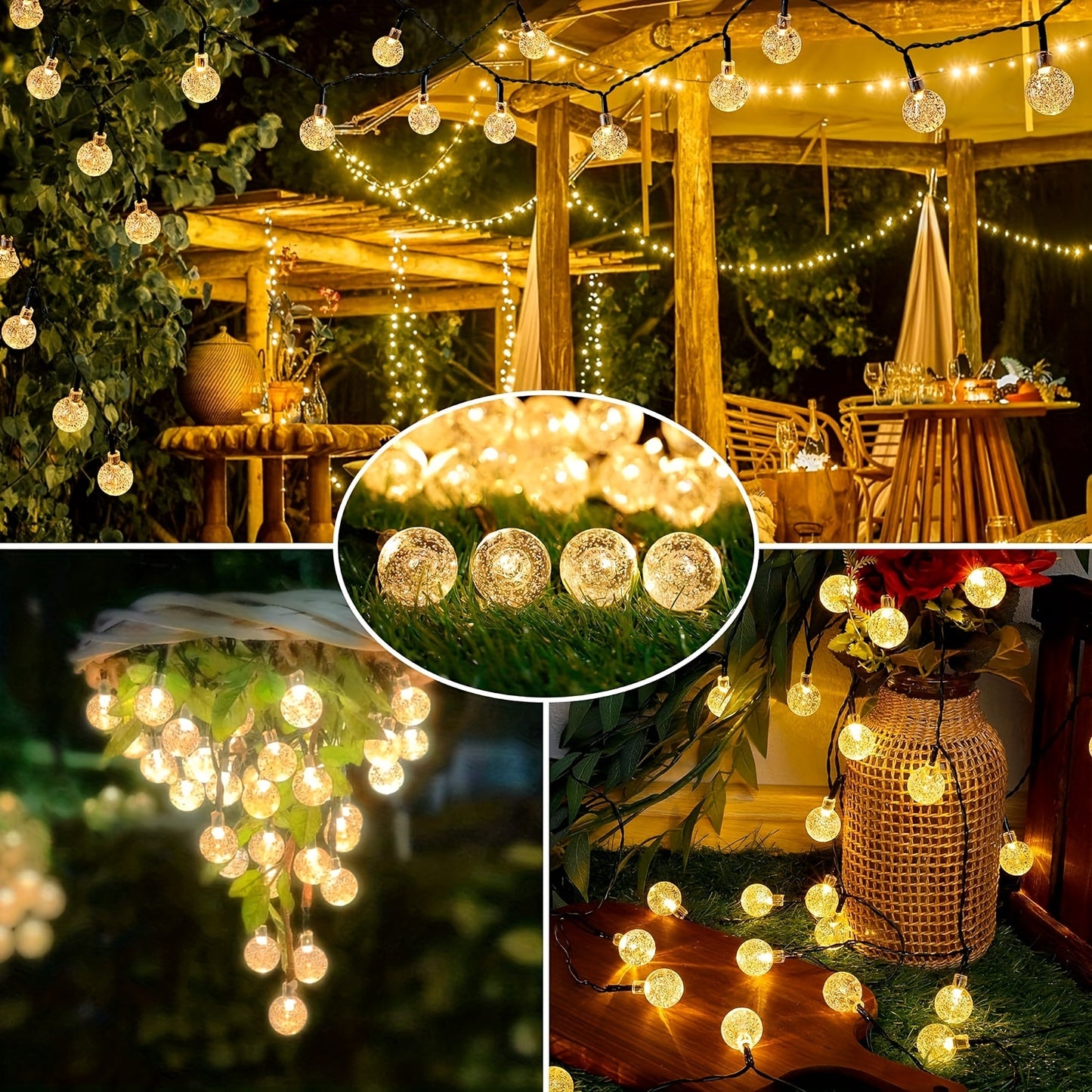 1pack, 20/50/100 LED Large Light Bulb, Solar Crystal Ball, Bubble Light String, Solar Outdoor Light Strip, 8 Lighting Modes, Solar Light String For Garden, Camping, Party, Independence Day, Christmas, Wedding, Ball, Birthday,