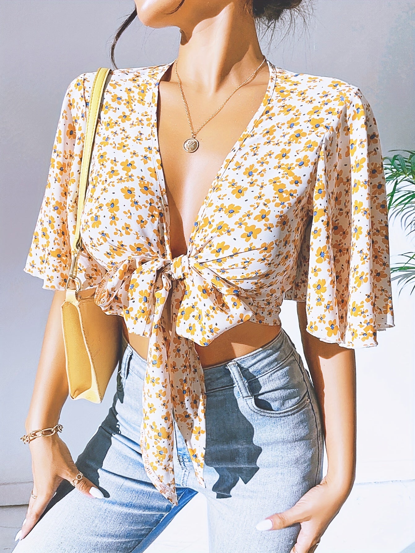 Floral Print Knotted Front Blouse, Casual Ruffle Sleeve Top For Spring & Summer, Women's Clothing