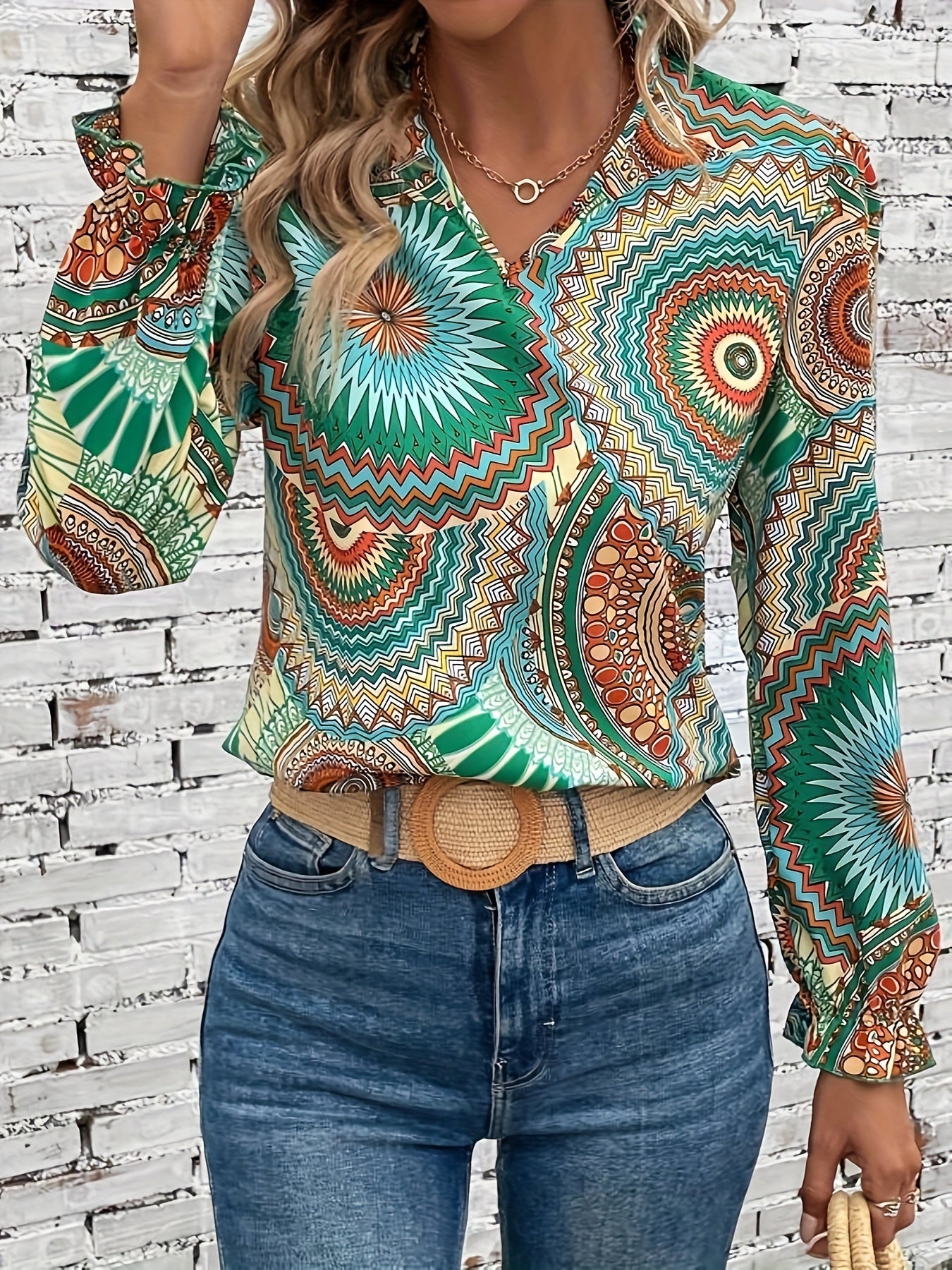 Mandala Print Notched Neck Blouse, Vintage Long Sleeve Blouse For Spring & Fall, Women's Clothing