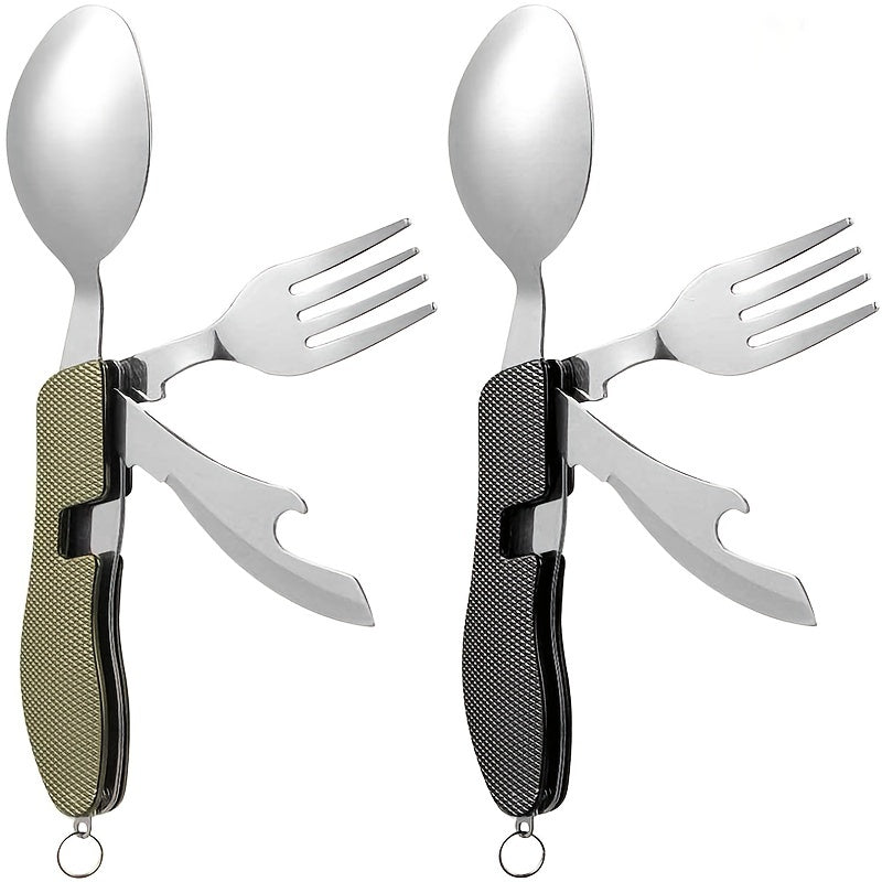 Stainless Steel 4-in-1 Outdoor Tableware Set with Folding Spoon, Fork, Knife, and Bottle Opener - Perfect for Camping, Picnics, Hiking, and Travel