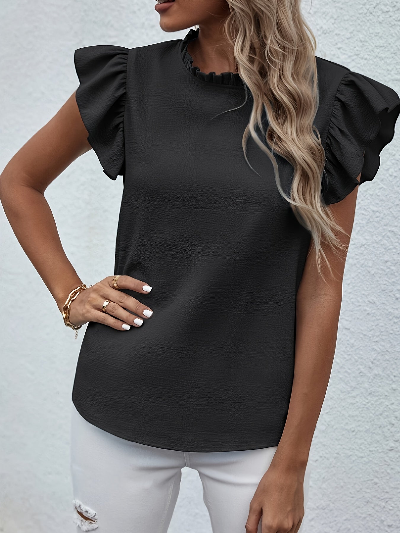 Ruffle Trim Solid Blouse, Elegant Blouse For Spring & Summer, Women's Clothing Wedding holiday vacation