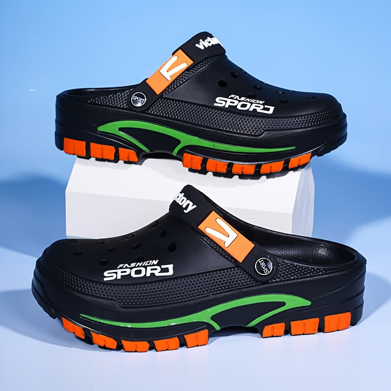 2025 Summer Men'S Lightweight Breathable Slip-On Clogs - Durable EVA Beach Shoes with Ventilation Holes, Black & Orange Design for Casual Casual Attire, Summer Footwear | Trendy Slipon Shoes | Lightweight Footwear