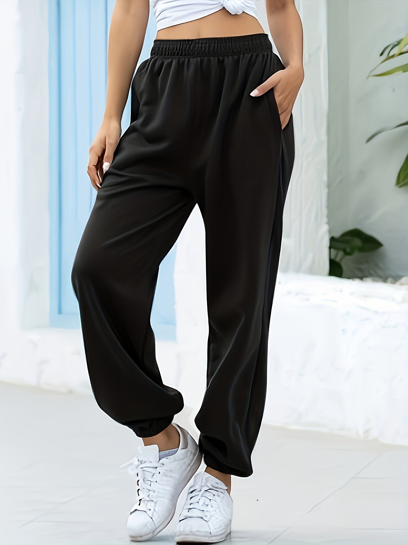 Women's High-Waisted Wide-Leg Cropped Pants - Casual Navy Blue Polyester, Elastic Waistband with Pockets, Perfect for Fall & Winter, Plus Size Pants