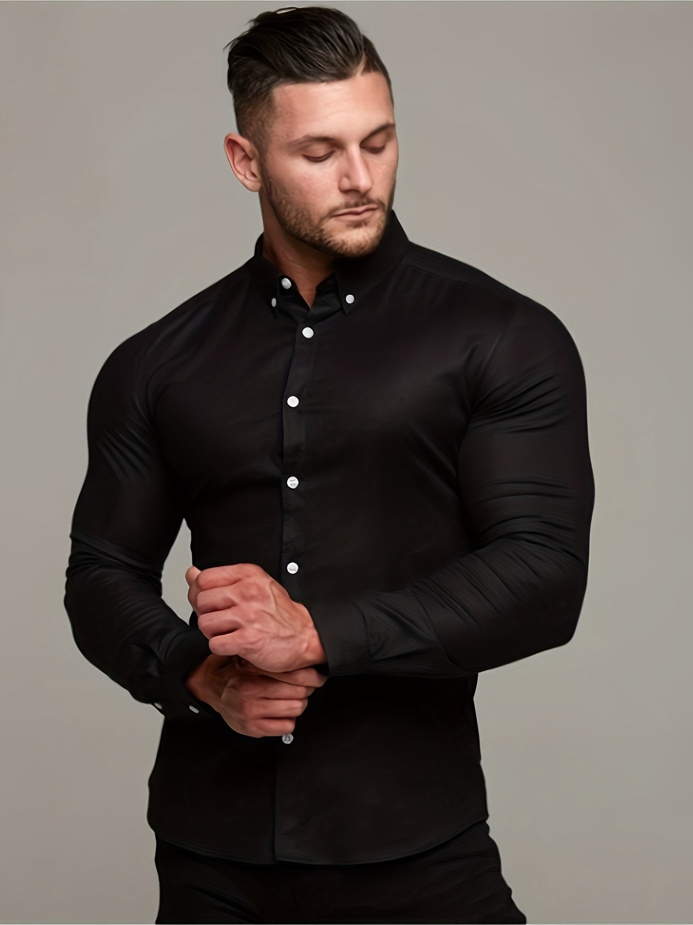 Solid Color Men's Slim Fit Stretch Quick-drying Long Sleeve Button Up Shirt, Spring Fall Workout Activity