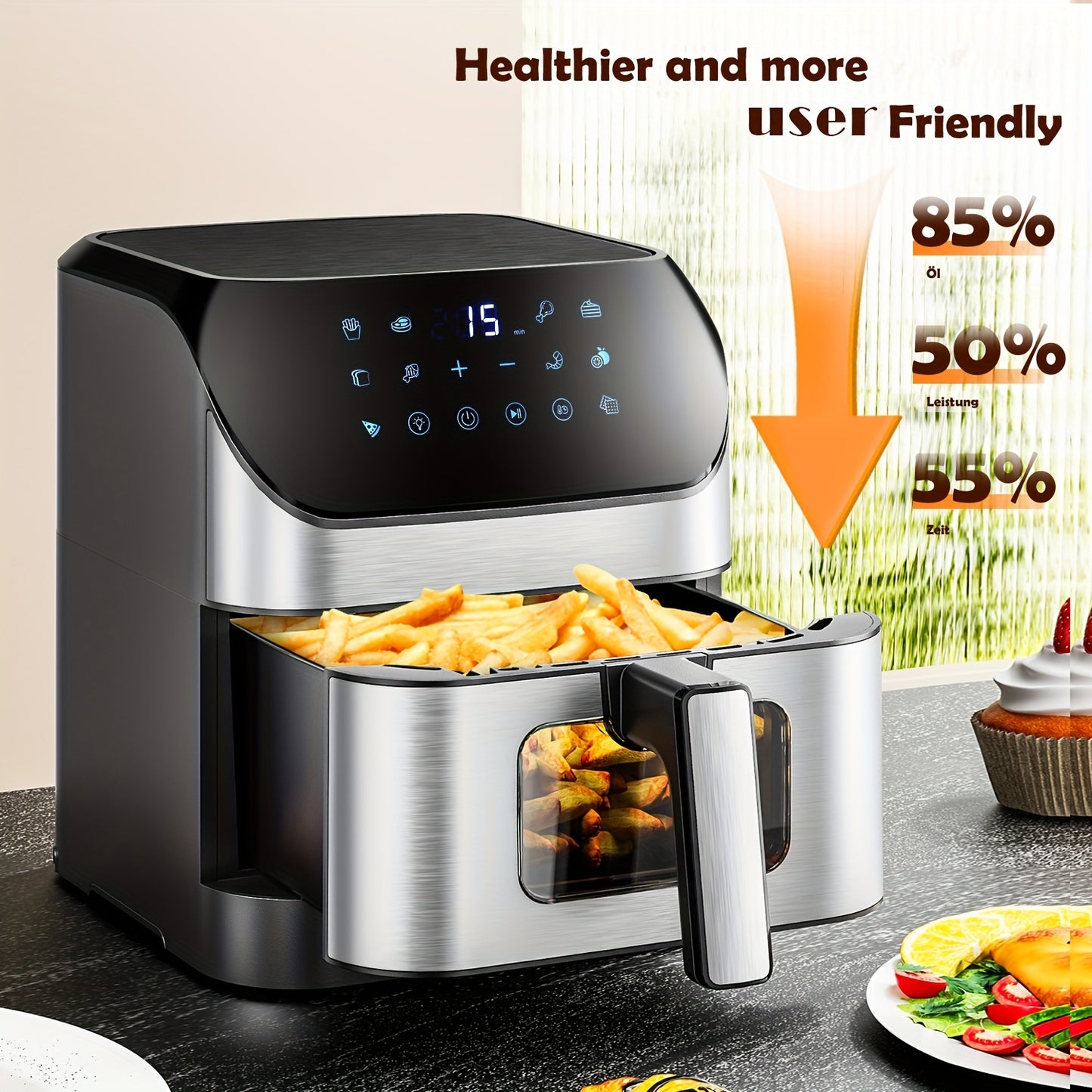 XXL 8L Air Fryer With Viewing Window, Oil-Free Fryer, Adjustable Temperature 80°C-200°C, 10 Presets In One Touch, Digital Control, Non-Stick Basket, Air Fryer Ninja Style
