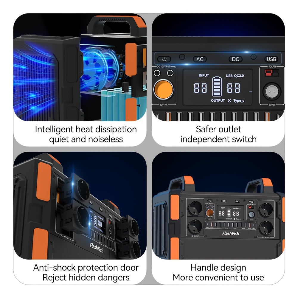 1000W Lifepo4 Battery Solar Power Generator 1041.6Wh 230V (2000W Surge) Emergency LFP Battery Power Generator with 4*AC Solar Power Station, 19 output socket Portable Power Station for Emergency/Outdoor camping/RV/Home/Comput