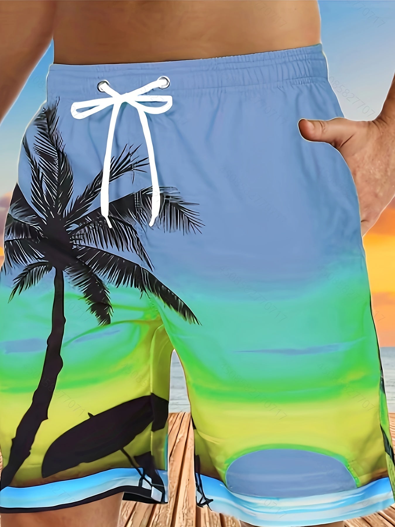 Quick Drying Comfortable Breathable Gradient Palm Tree At Dawn Seaside Drawstring Swim Trunks, Men's Board Shorts Swimwear For Summer Vacation Resort Beach Pool