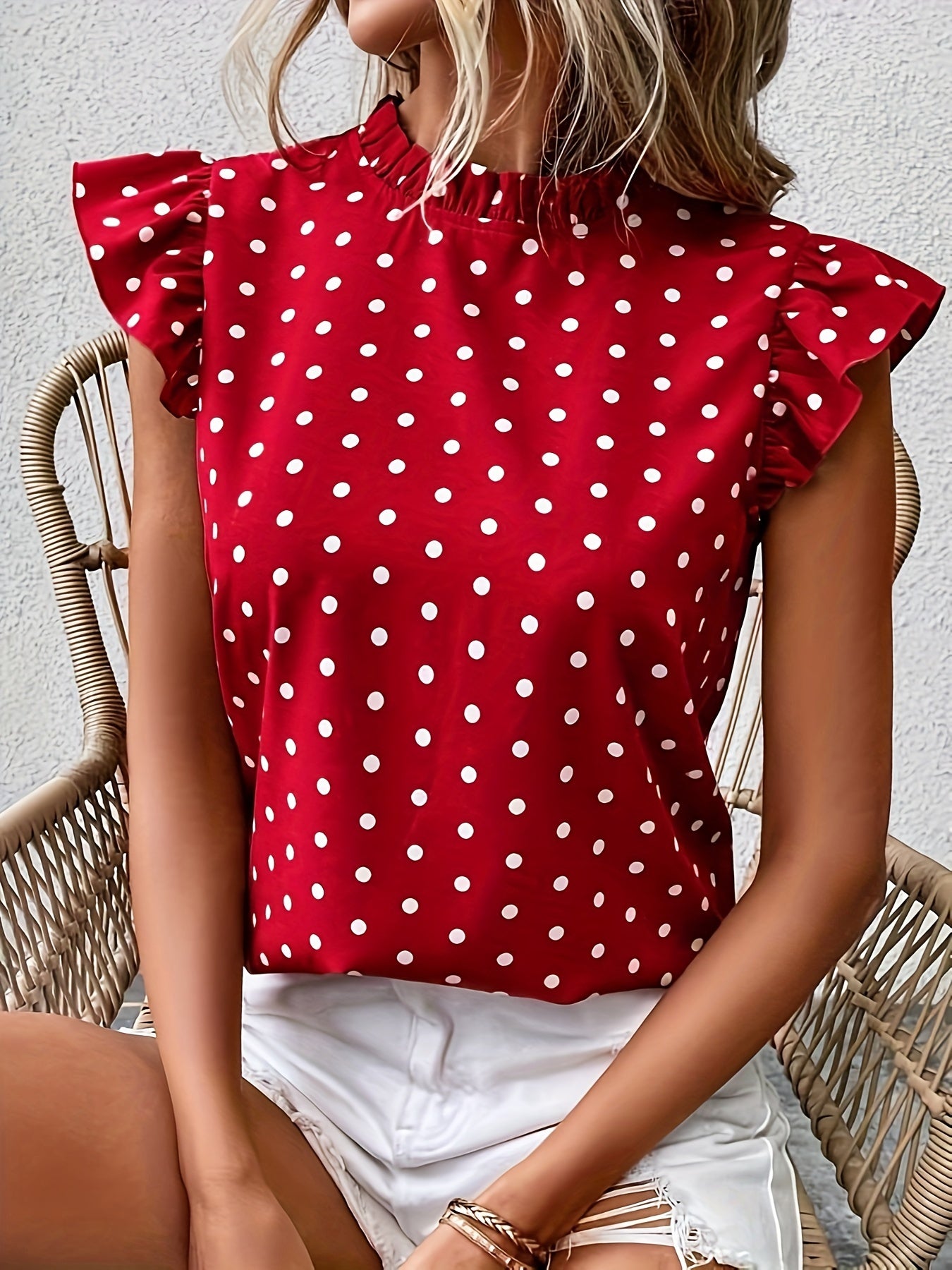 Polka Dot Print Mock Neck Blouse, Elegant Ruffle Sleeve Blouse For Spring & Summer, Women's Clothing