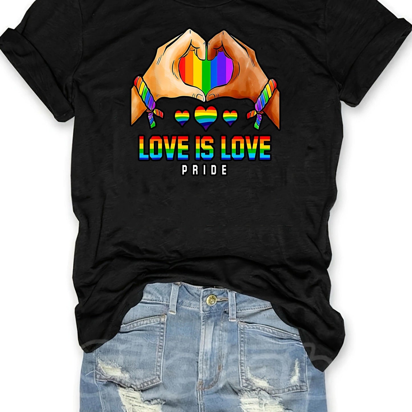 Rainbow Heart & Letter Print T-shirt, Versatile Short Sleeve Crew Neck Top, Women's Clothing
