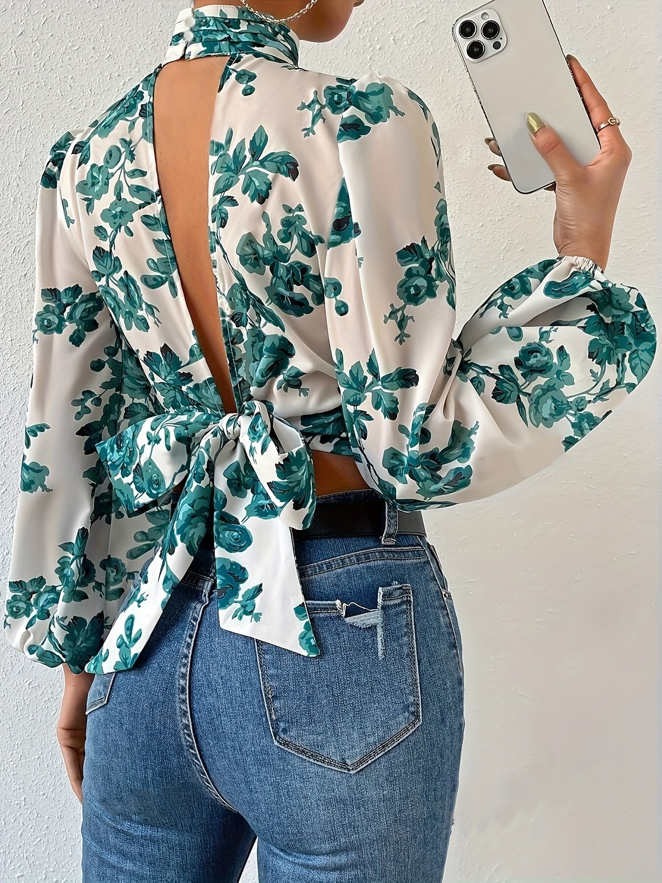 Floral Print Tie Back Crop Blouse, Elegant Lantern Sleeve Cut Out Blouse For Spring & Fall, Women's Clothing